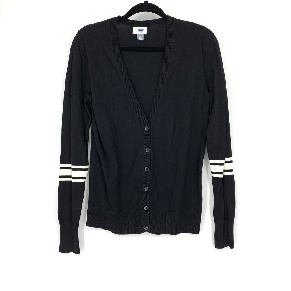 Old Navy Button Front V-Neck Cardigan Sweater Womens Sz MT Black White Striped